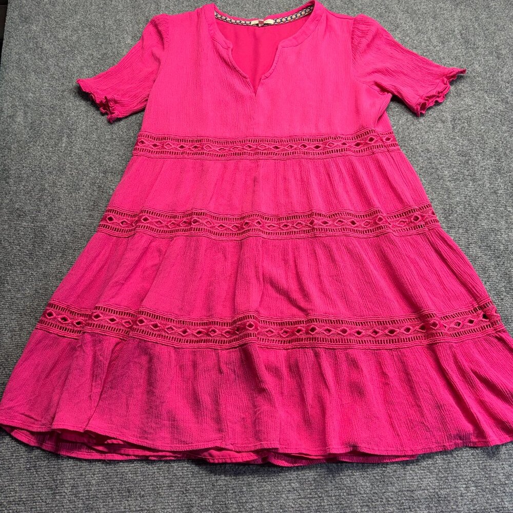Kate & Sam Hot Pink Tiered Boho Mini Dress Crochet Lace Trim Short Sleeve Dress